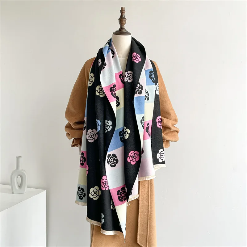 Color camellia scarf women's winter high sense winter sweet small fragrance thickened warm shawl age-reducing scarf