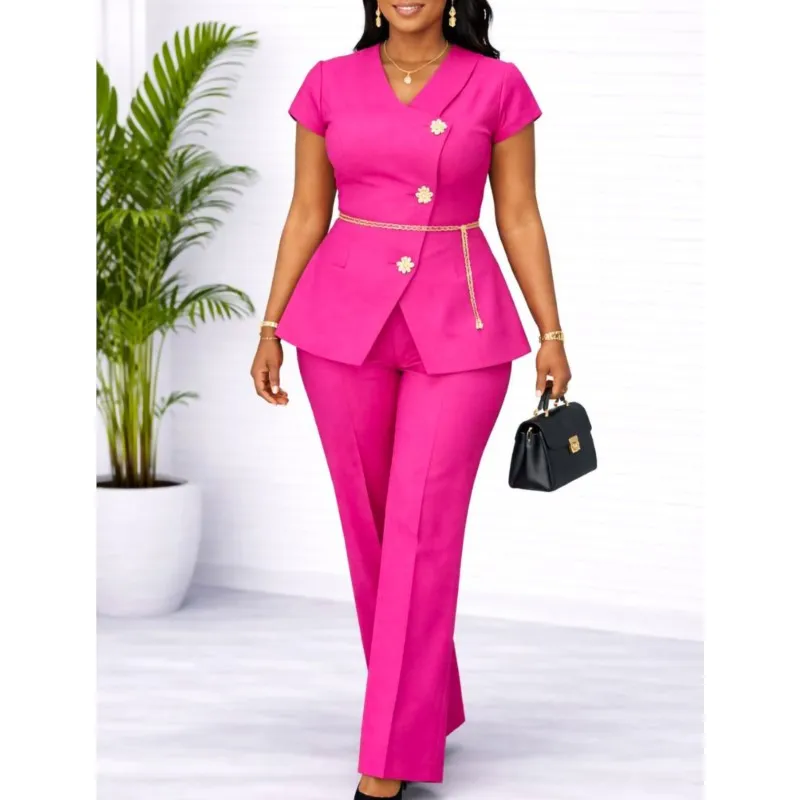 

Woman Elegant Commute Pant Set 2026 Short Sleeve V-Neck Jacket Coat + Straight-leg Pants 2 Pieces Set Office Blazer Suits Female