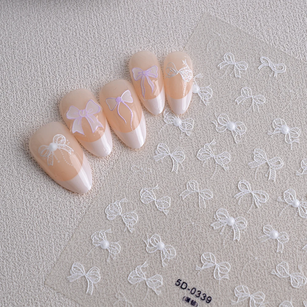 Autocollants pour ongles avec nœud papillon en dentelle blanche 5D, 1 pièce, élégant, Double couche, nœud papillon + perle, décalcomanies pour ongles, ruban auto-adhésif, décor de manucure