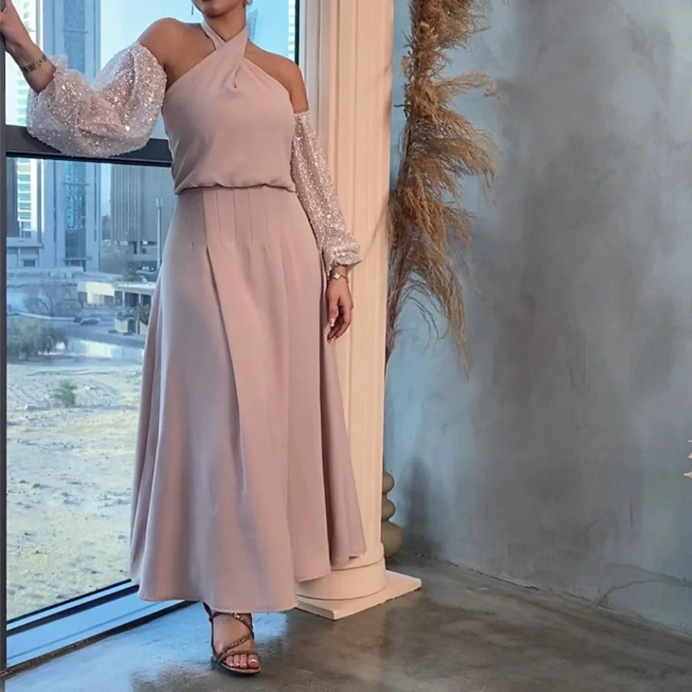 

Customized Elegant Prom Gown for Women Halter A-line Ankle-Length Sequined Sleeves Backless Birthday Party Dresses فساتين للحفلا