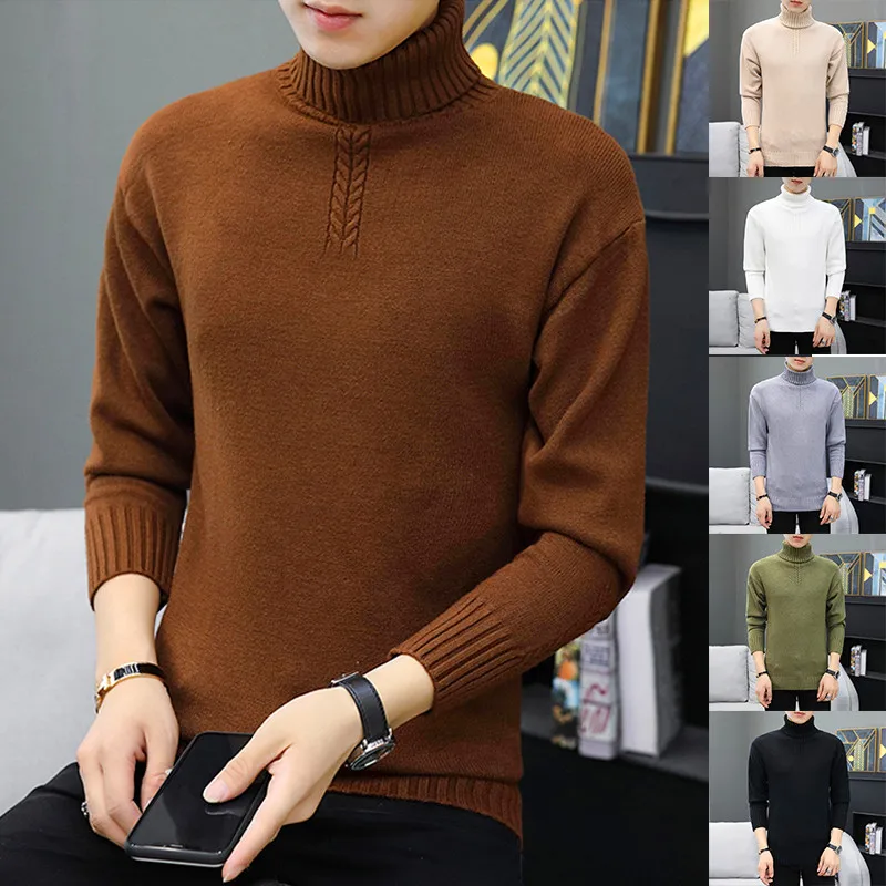 

New Mens Slim Knitted Sweater Pullovers Warm Casual Solid Color High-Neck Sweater