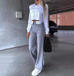 Autumn New Fashion Loose Commute Pants Set with White Short Long Sleeved Shirt Paired with High Waisted Slim Straight Leg Pants