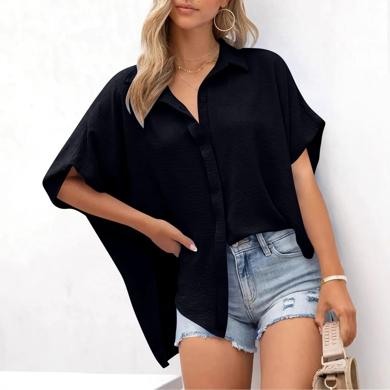 

New T Shirt Dames Women'S Fashion Solid Color V-Neck Button Up Shirt Loose Short Sleeved Top Women'S Short Sleeve T-Shirt 여성여름티