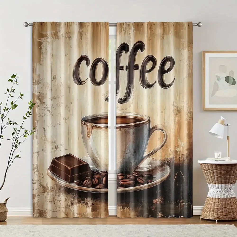 2pcs, Curtains 2D print Vintage coffee and chocolate Machine Washable Fabric (without rod) Decorations Outdoor Perfect for