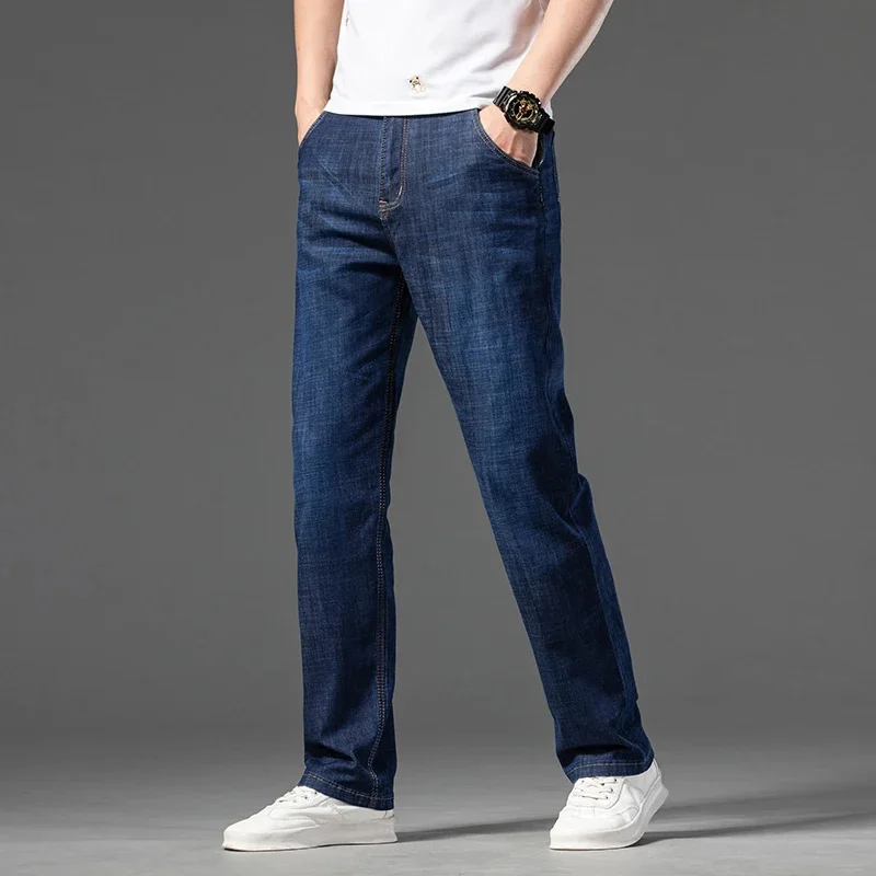 Pantalon en denim droit antivol pour homme, jean léger, design de poche à fermeture éclair, style classique, décontracté, marque masculine, été, nouveau, 2024