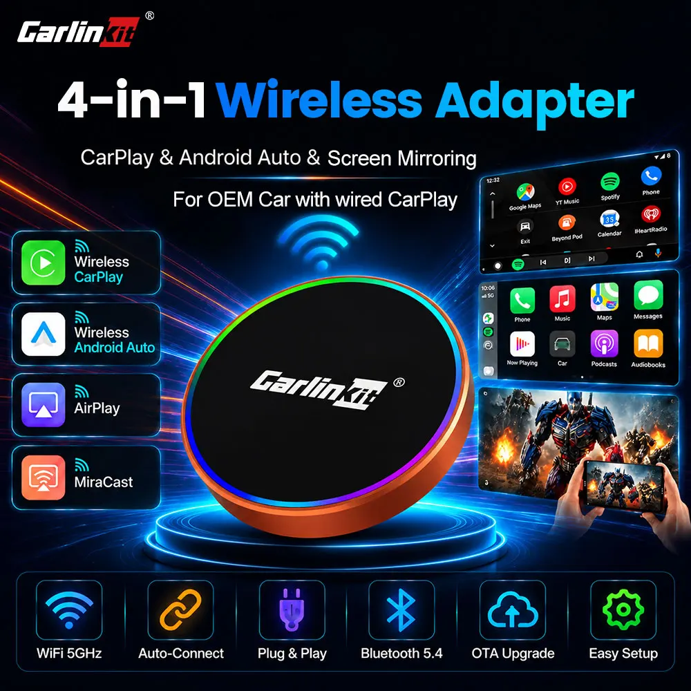 CarlinKit CP2A M Adattatore Wireless CarPlay, Box Android Auto per Mirroring dello Schermo, Dongle USB Car Play per auto OEM con CarPlay cablato installato e per telefoni iOS e Android, da cablato a