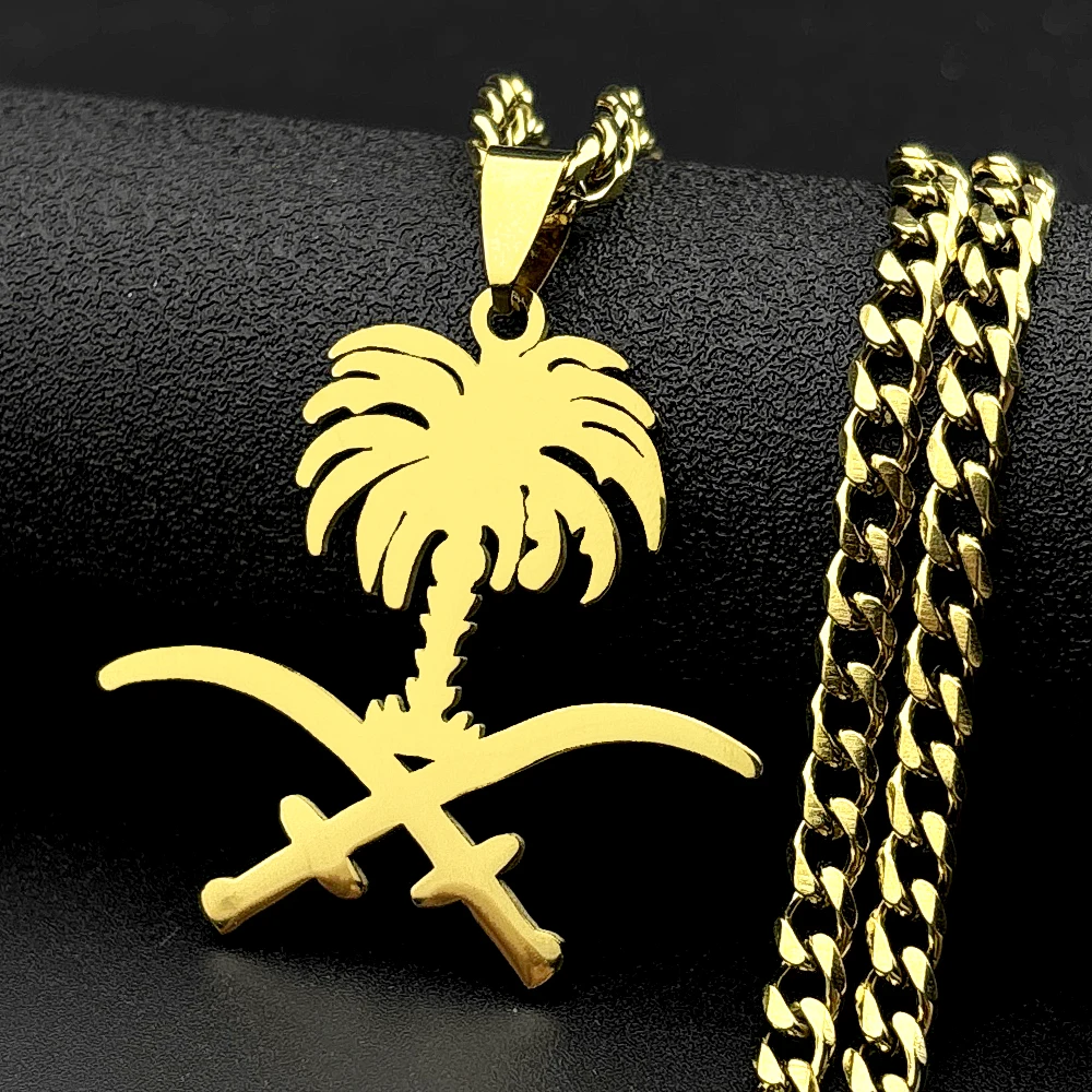 Saudi Arabia National Emblem Palm Tree Crossed Ali Sword Pendant Necklace Stainless Steel Gold Color Islamic Arab Chain Jewelry - view 4
