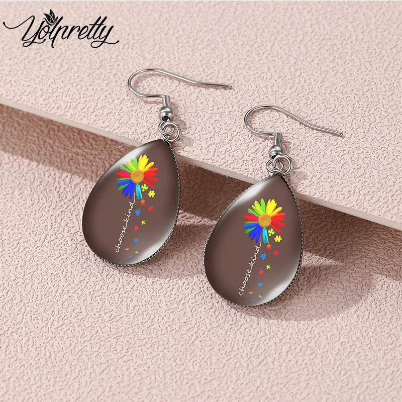 2023 New Arrival Autism Awareness Teardrop Hoop Earrings Dangle Hook Glass Cabochon Stainless Steel Earrings Jewelry