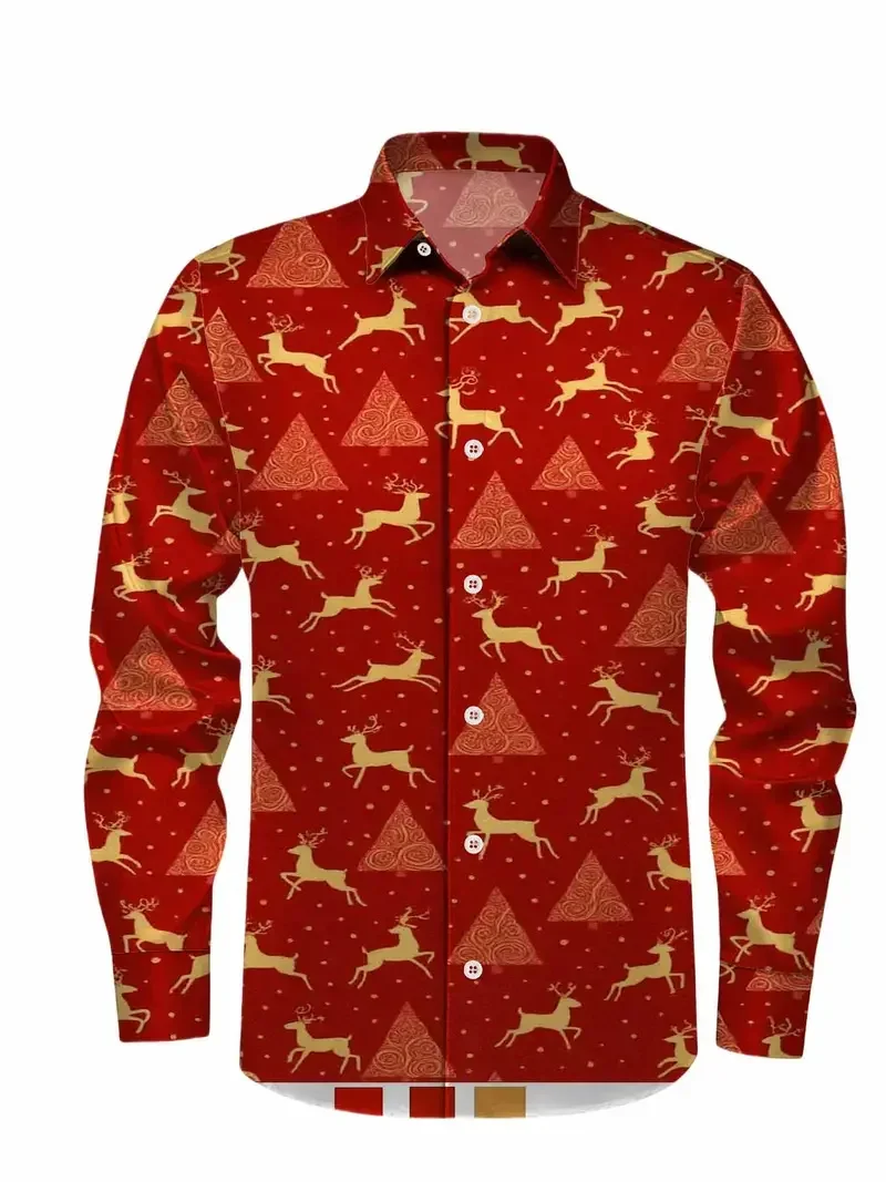 

Red New Year Santa Claus Long Sleeved Shirt with Christmas Reindeer Pattern 3D Printed Shirt, Men's Fashionable Shirt, Snowman