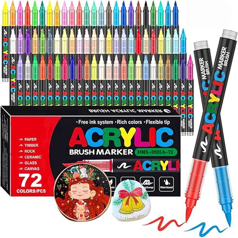 Marcadores de pintura acrílica de 12/24/36/48/60/72 colores con punta de pincel para pintar sobre roca, madera, piedra, vidrio, regalo, manualidades DIY