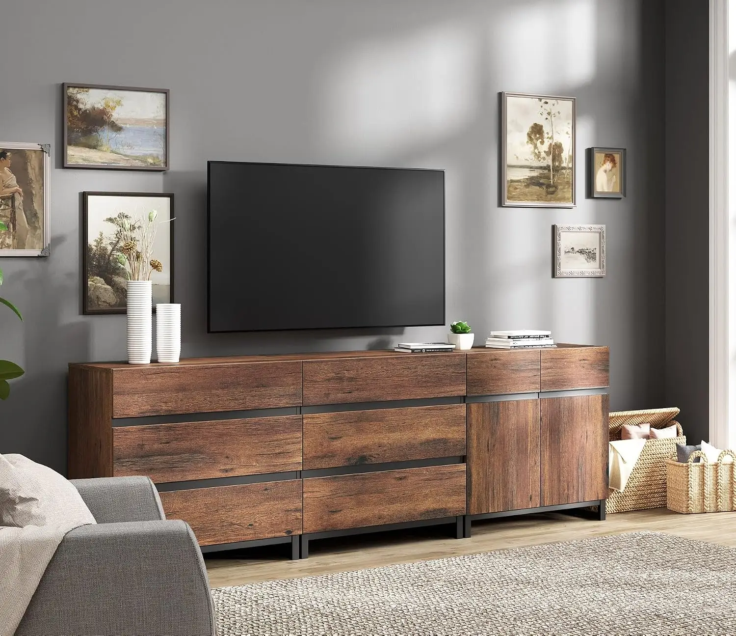 Modern TV Stand For 100 Inch TV, 3-in-1 Console With Shelf & 6 Drawers For Living Room & Bedroom, Brown, Customized
