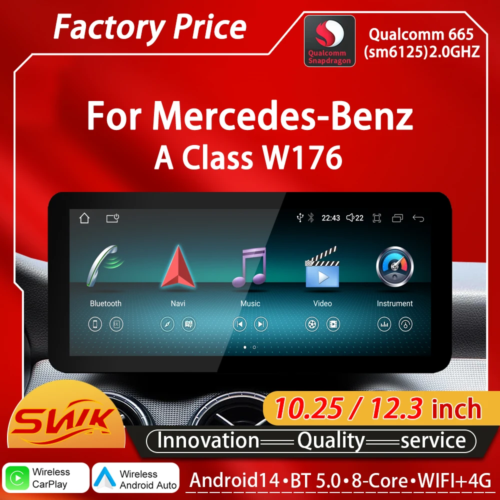 

Qualcomm Snapdragon 665 6125 Android14 для Mercedes Benz A Class W176, автомобильные видеоплееры, мультимедийное радио, беспроводной CarPlay GPS