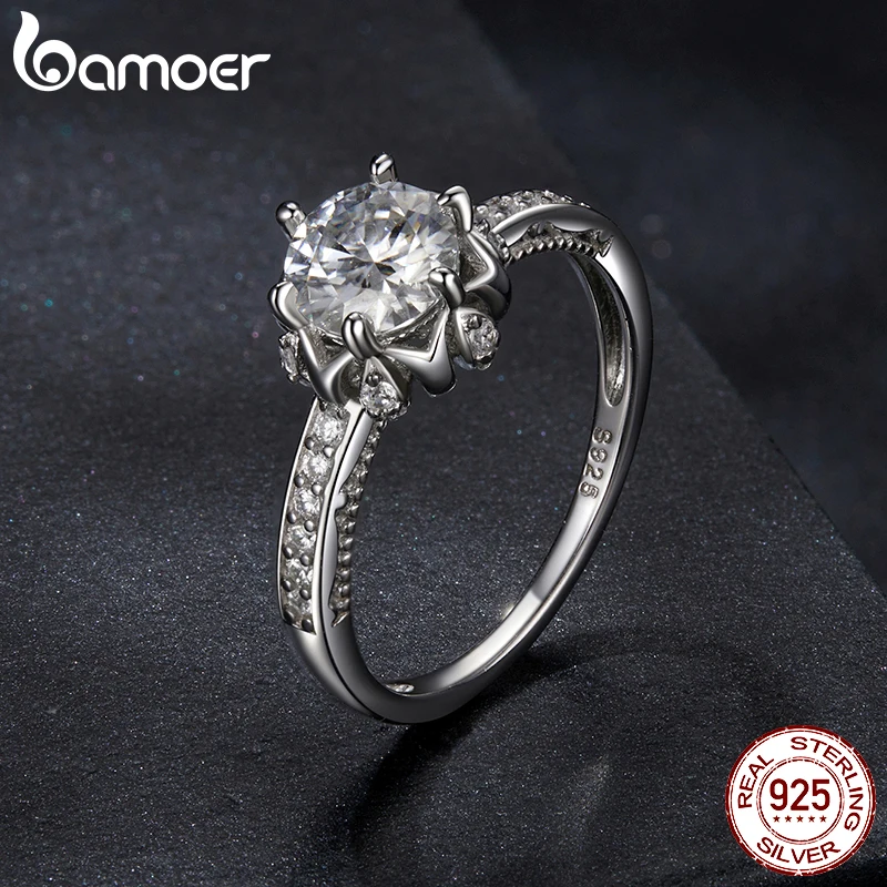 BAMOER D Color VVS1 EX Moissanite Flower Ring 1ct Round Moissanite Diamond Solitaire Engagement 925 Sterling Silver Rings For Wo