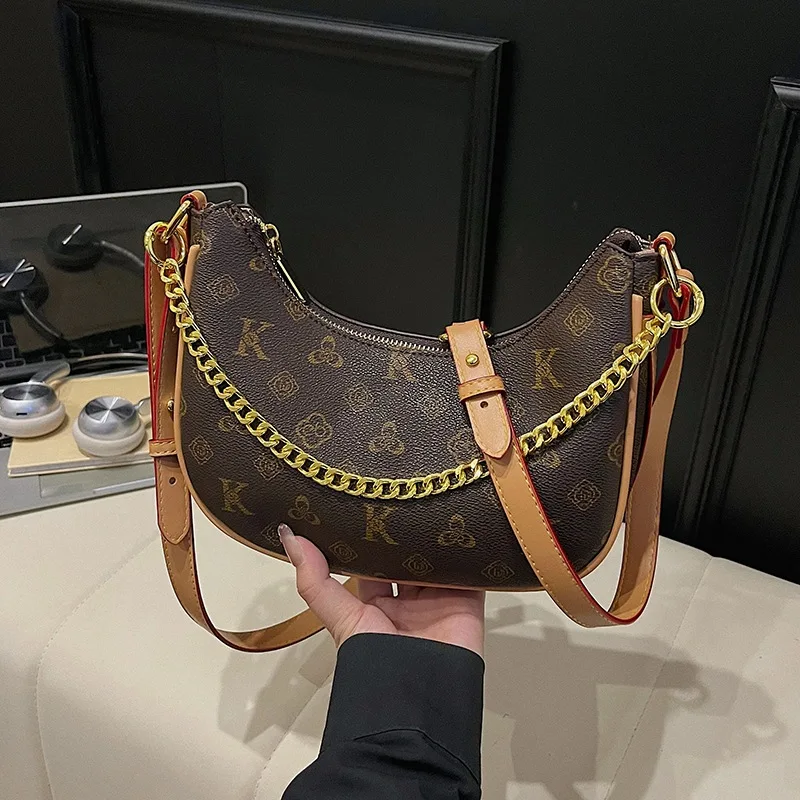 우아한 레트로 숄더백 2025 신상 여성용, 럭셔리 모노그램 프린트 크레센트 백, 모든 경우에 어울리는 패셔너블한 크로스바디