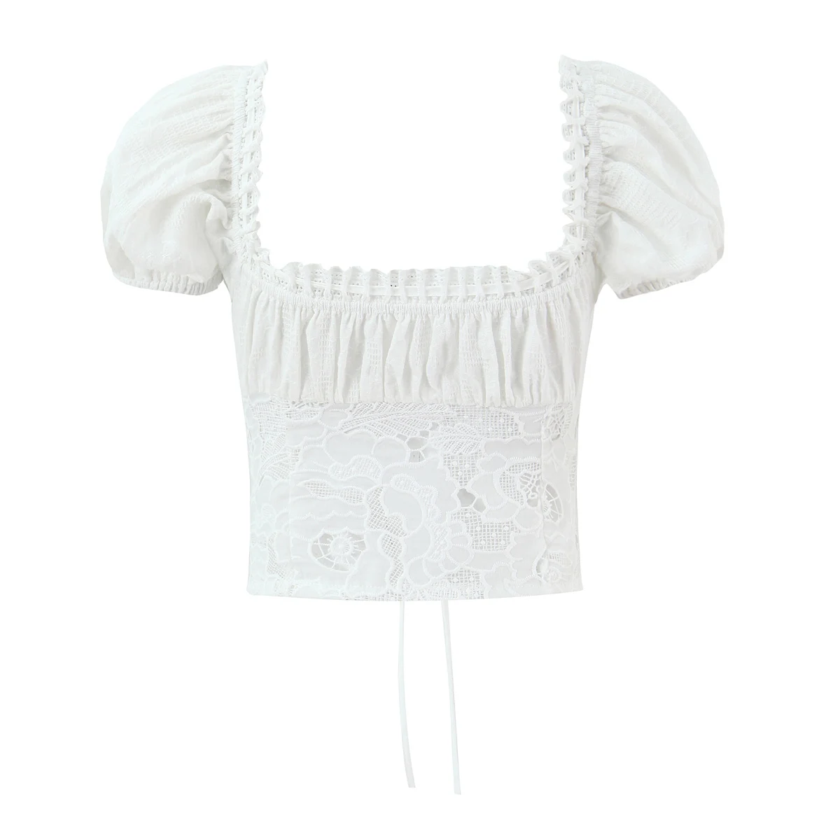 Holiday White Drawstring Lacing Up Bow Ruched Chest Spliced Lace Short Puff Sleeve Shirt Women Hook Buttons Crop Tops Tanks