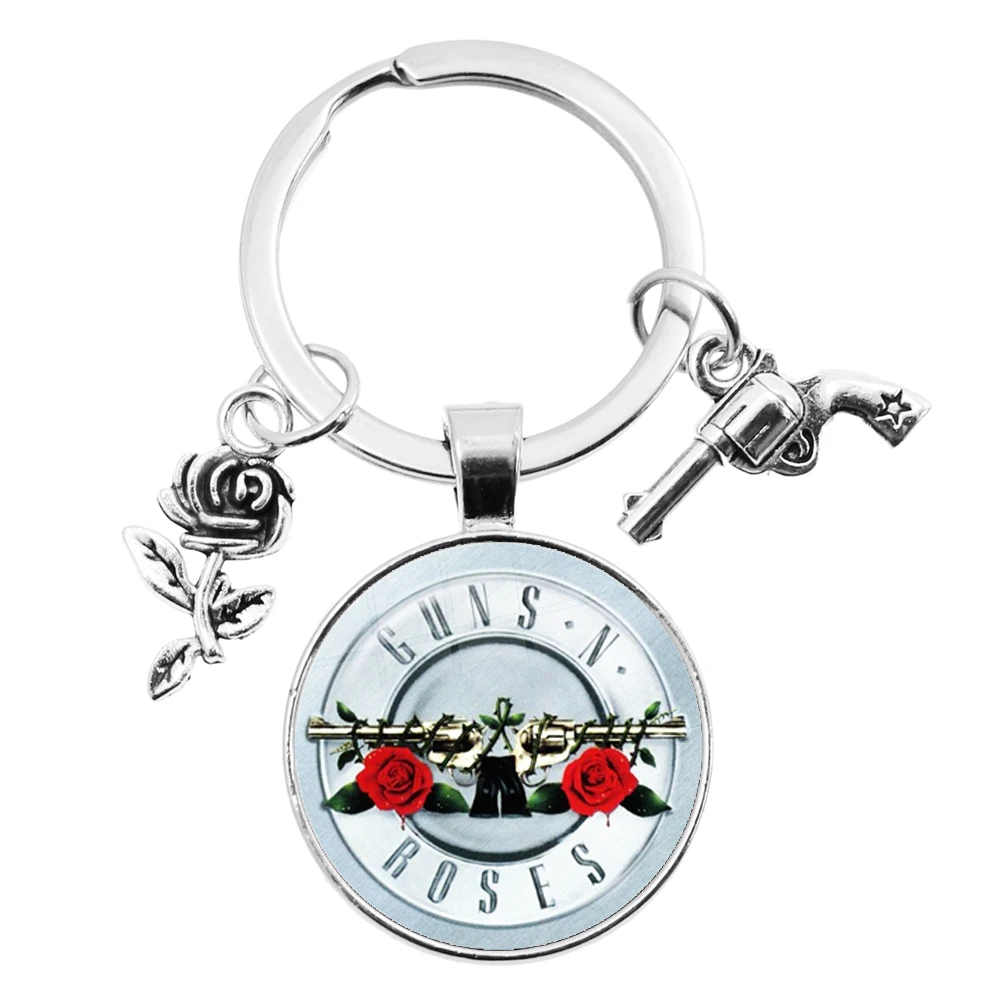 Holder Guns N Roses Rock Band Pendant Round Key Chain Punk Guns and Roses Band Sign Metal Pendant Keyring Fans Jewelry Gift