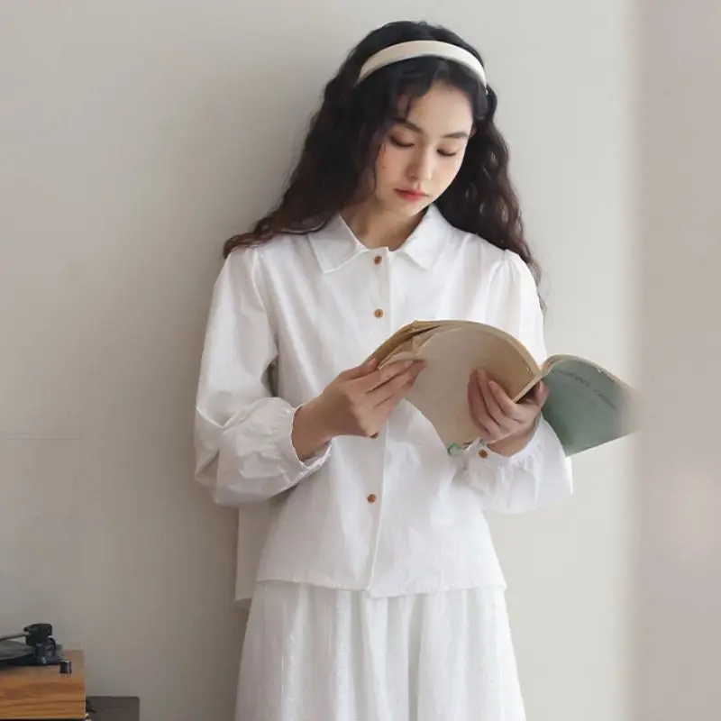 

Long Sleeve Shirts Womens Ruffled Button Down Tops Turn Down Collar Pleated Hem Feminine Elegant French Style Spring Outfits