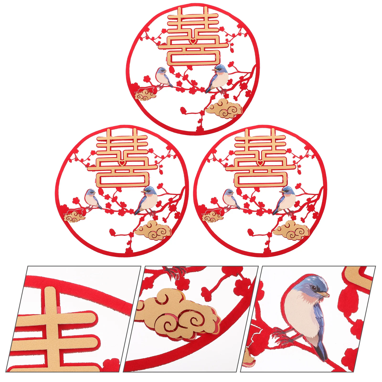 

3pcs Wedding Window Decors Flocking Cloth Red Theme Chinese Traditional Wedding Stickers Home Party Decorations Happy Word