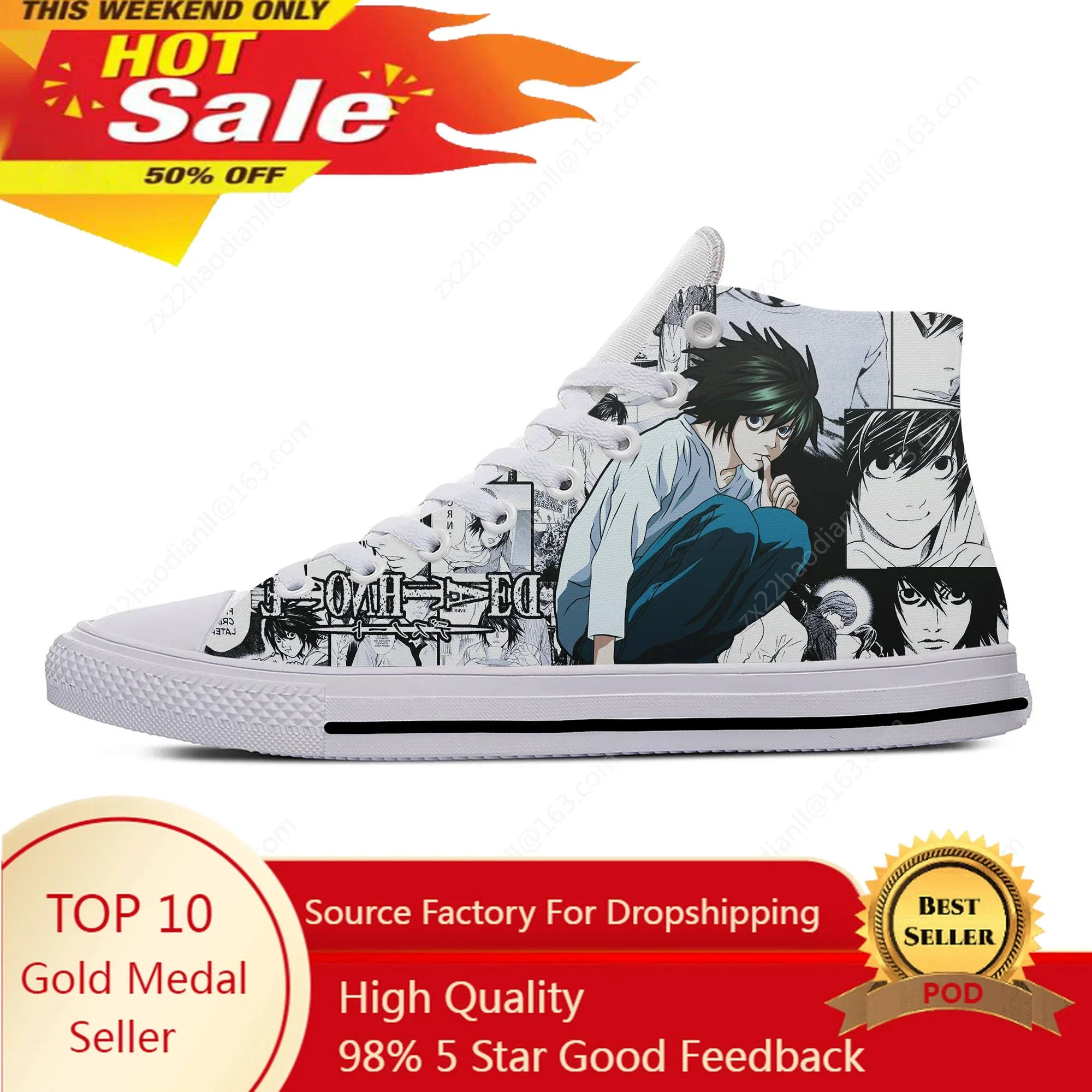 Japanese Anime Manga Cartoon Death Note L Lawliet Casual Cloth Shoes High Top Lightweight Breathable 3D Print Men Women Sneakers