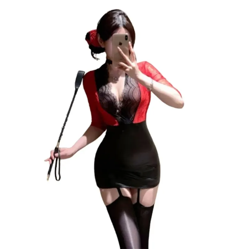 

Women Sexy Office Secretary Lady Cosplay Costumes Sexy Lingerie Stewardess Outfit Bodysuit Uniform Purple Lace and Leather Dress