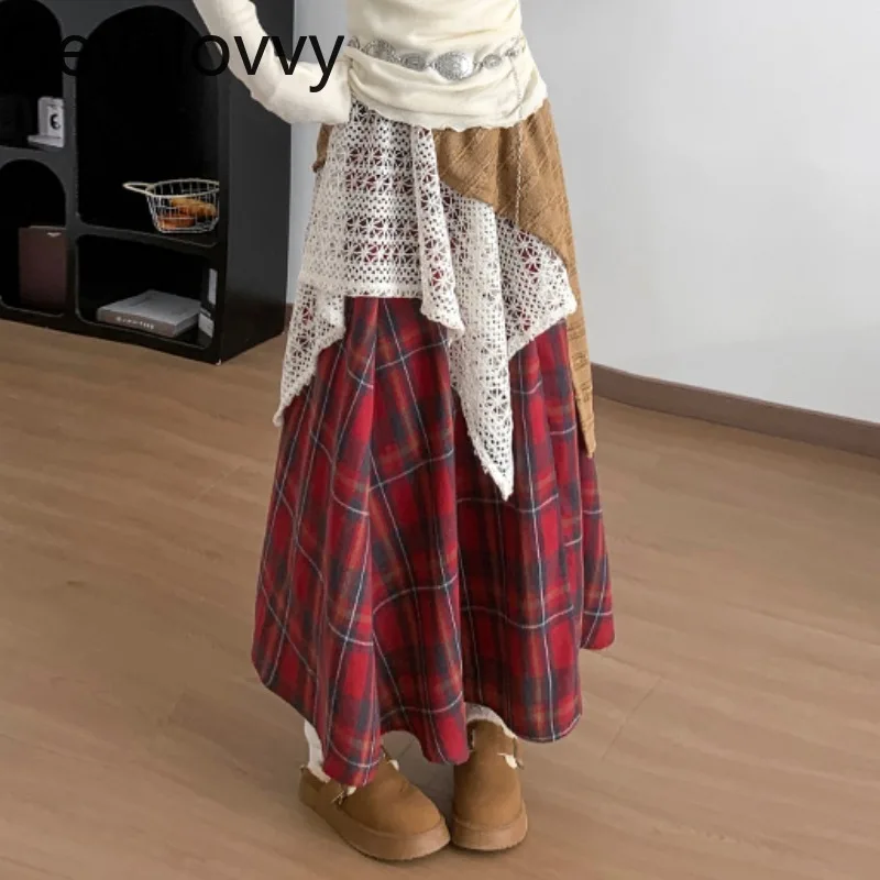 

Ethnic Style Red Lace Irregular Patchwork Midi Skirt for Women Autumn Winter Plaid High Waist Slimming A-Line Flared Long Skirts