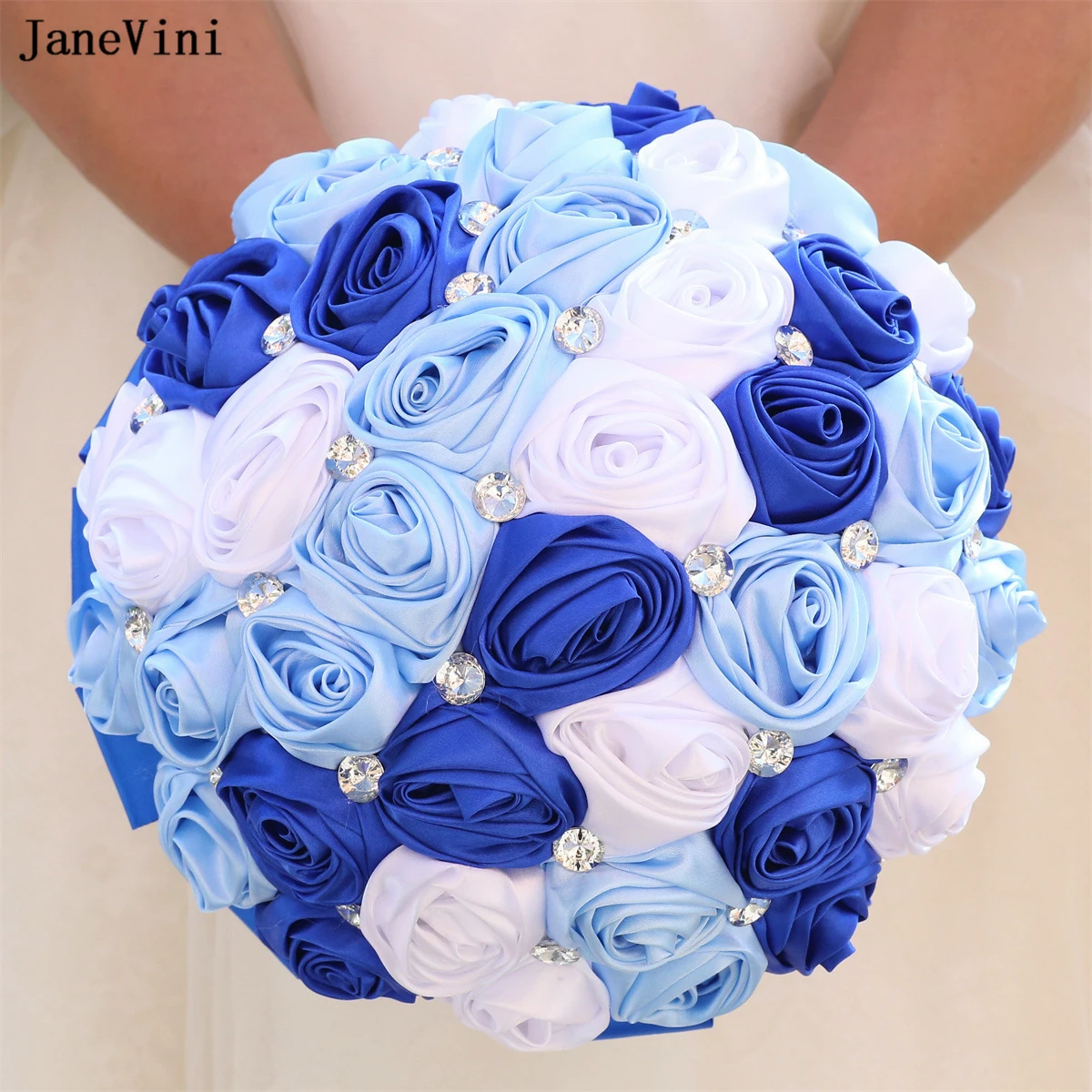 JaneVini 2024 Elegant Royal Blue White Flowers Bridal Bouquets Artificial Satin Roses Wedding Fake Bouquet for Bride Customized