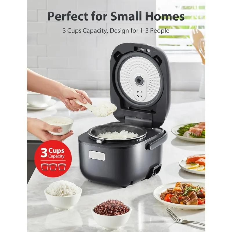 جهاز طهي الأرز توشيبا صغير 3 أكواب غير مطبوخ - شاشة LCD مع 8 وظائف للطهي: الأرز، دقيق الشوفان، الحبوب المختلطة والمزيد