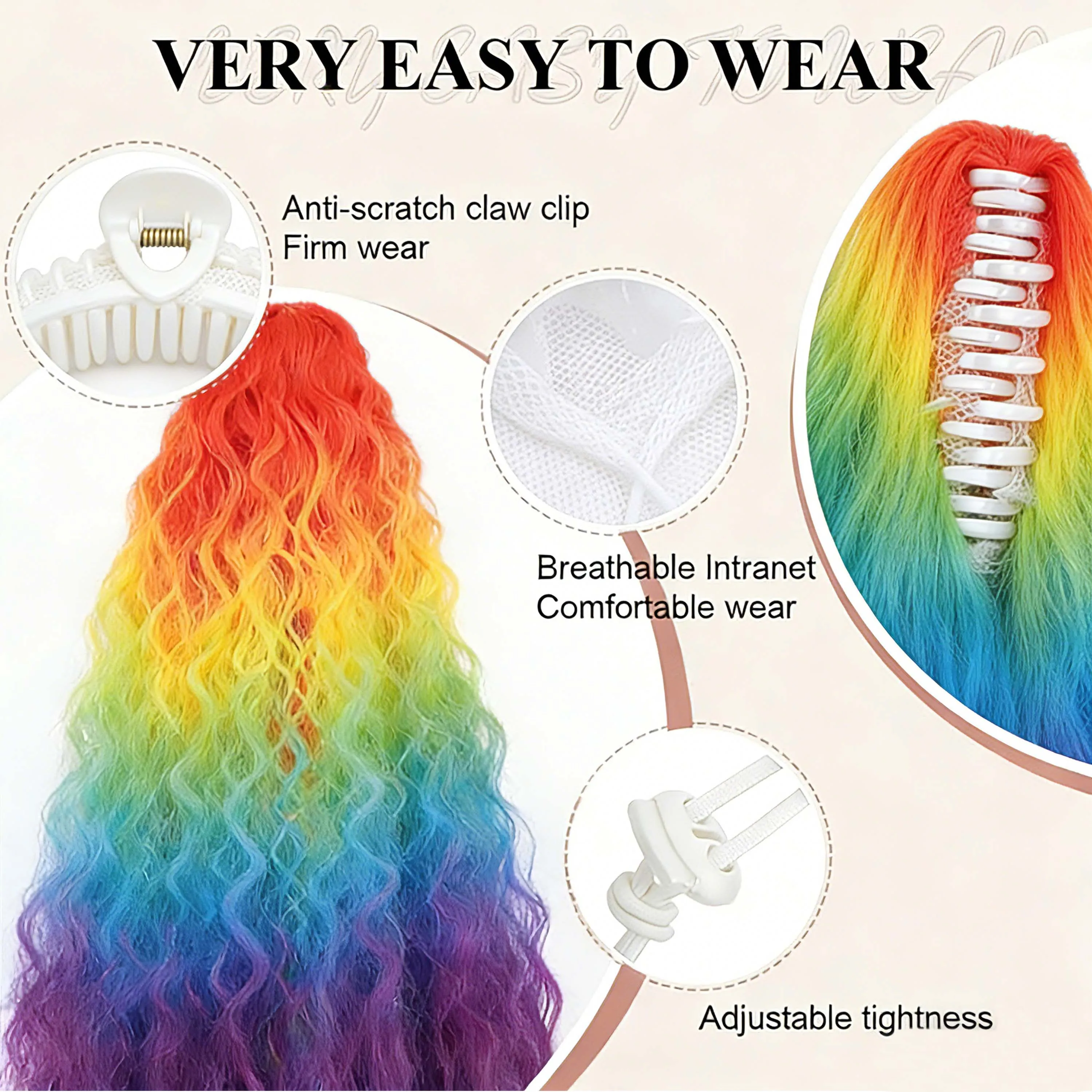 Synthetic Rainbow Claw Long Wavy Ponytail Extension 18-30" Water Wave Curly Pony Tail Clip in Hair Extensions Fluffy Natural view 5