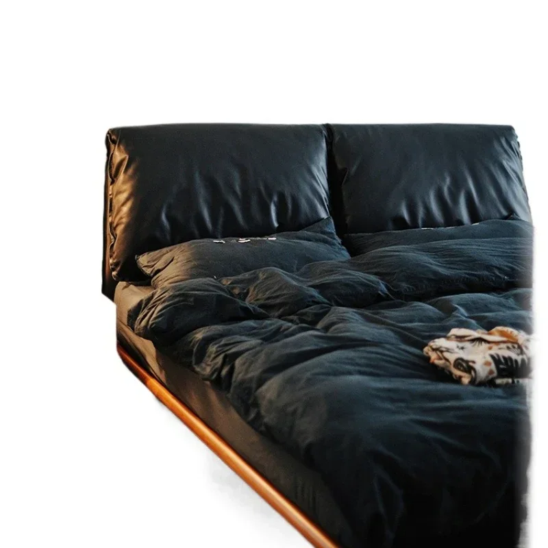 

Double bed, leather soft bed, bedroom cherry wood Nordic solid wood suspension bed