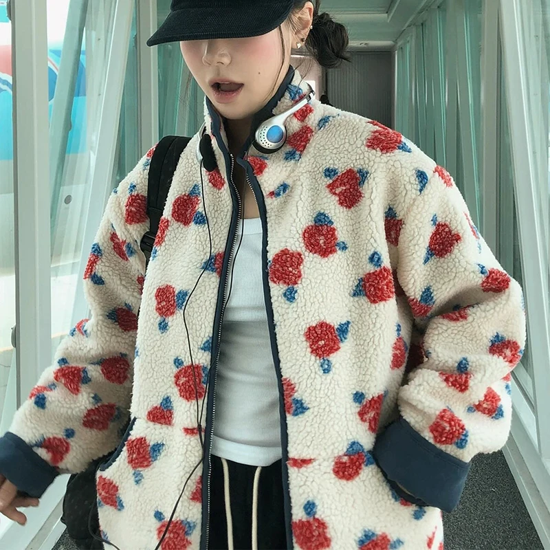 Women's Vintage Rose Printed Cashmere Coat Winter 2026 Warm Long-Sleeved Casual Chic Jacket Loose All-Match Style Collar Top