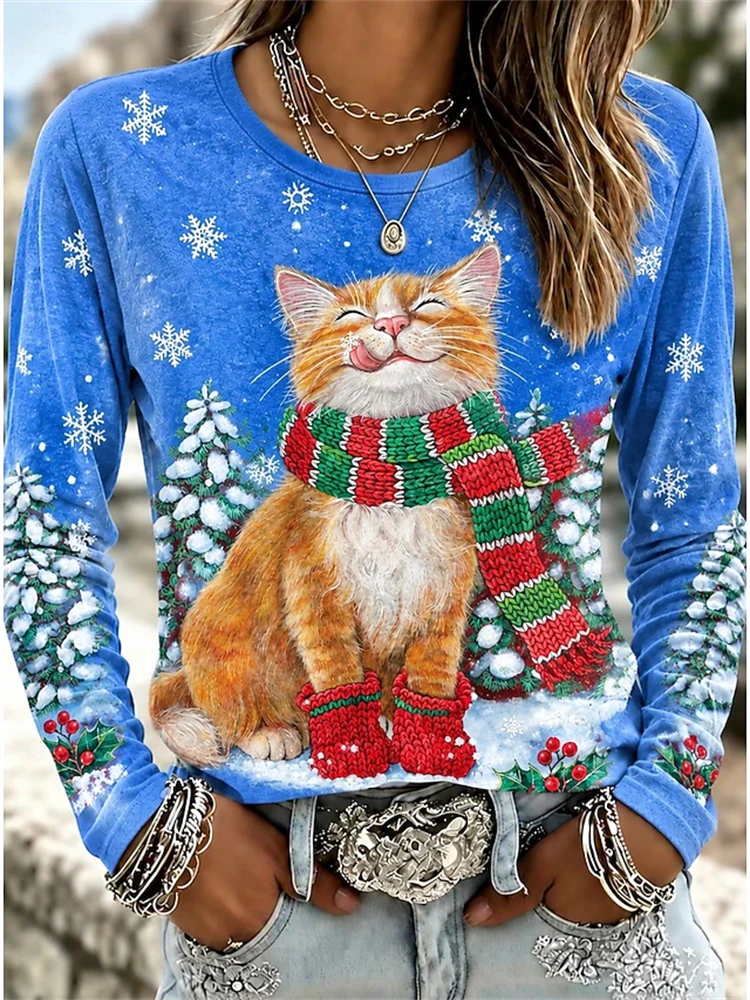 Women’s Christmas Long-Sleeve T-Shirt Cute Dog and Snowflake Print Crew-Neck Pullover Loose-Fit Casual Top for Holiday Parties