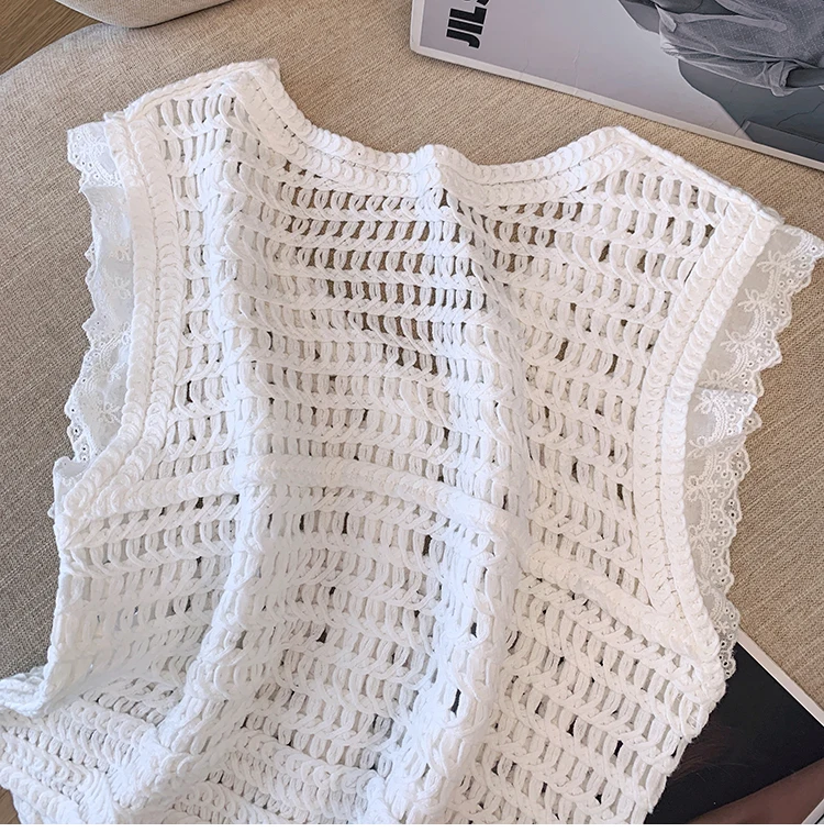 Sheer Crochet Tank Top Button Front V-Neck Open-knit Hollow Out Crop Blouse Cardigan Women Summer Boho Vacation Outfit