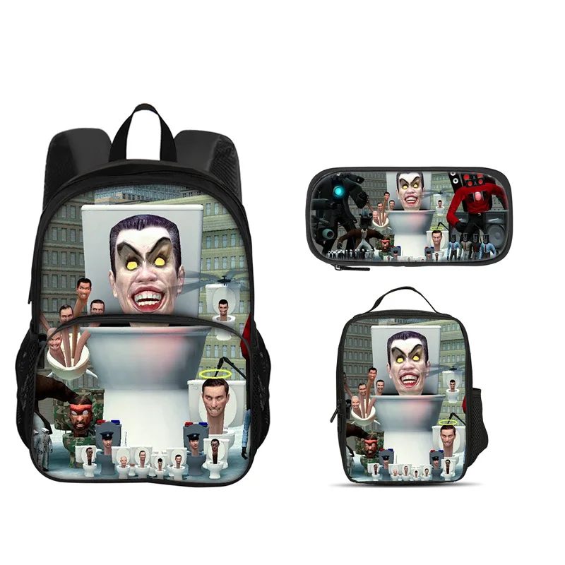 Skibidi Toilet Round Front Bag Backpack Pen Bag ice Bag 3Pcs Set Versatile Cartoon Boy or Girl School Birthday Best Gift