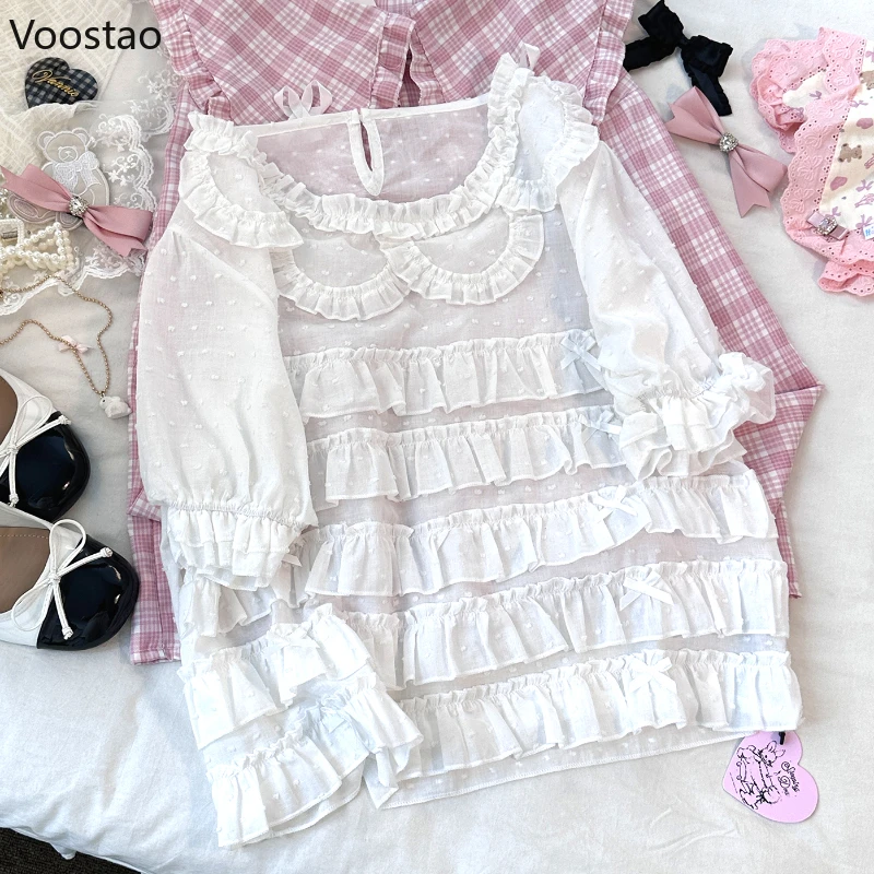 Japanese Sweet Lolita Style Blouses Women Y2k Aesthetic Bow Lace Ruffles Princess Cotton Shirts Girls Vintage Kawaii Cute Tops