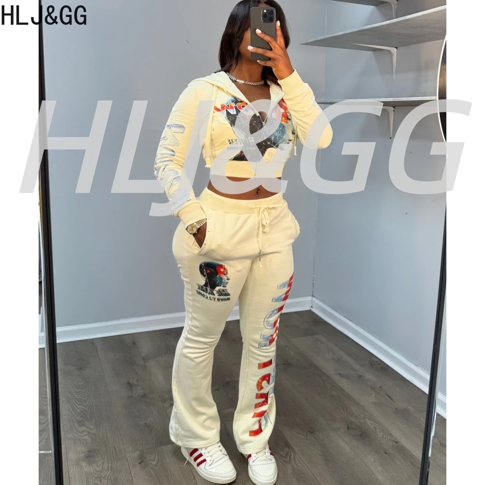 HLJ&GG Amerikaanse Retro Y2K Brief Afdrukken Capuchon Tweedelige Sets Vrouwen Lange Mouw Crop Top En Jogger Broek outfits Streetwear