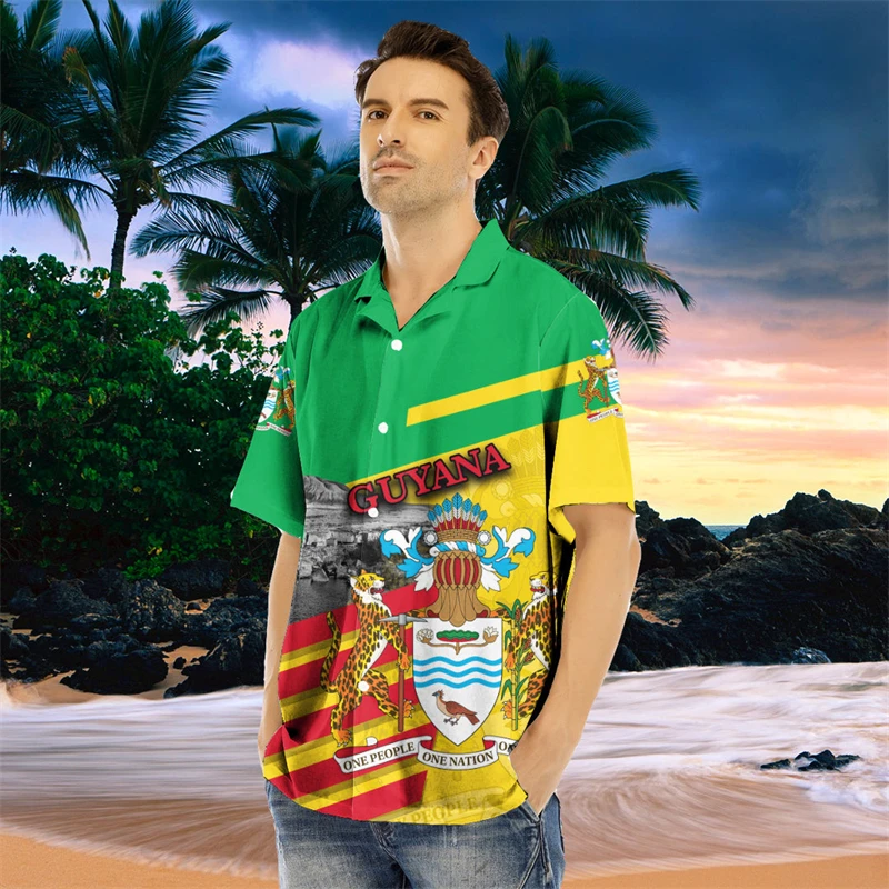 

Guyana Flag Map Graphic Shirts For Men Clothes Casual Hawaii Short Sleeve Shirt Guyanese National Emblem Lapel Blouse Tops