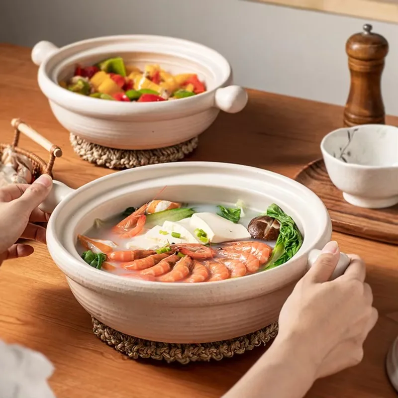 Japanese simple light beige pottery ceramic casserole set, multi-capacity saucepan