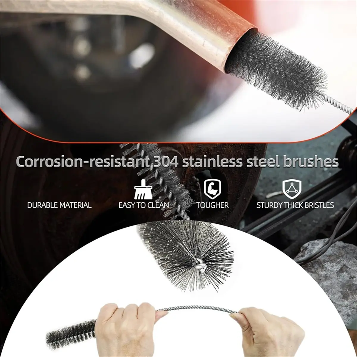 16 Inch Extra Long Pipe Cleaning Brush Set, Stainless Steel Bristles Bore Brush,9Pcs Brush for Auto Parts, Bottles,Tubes