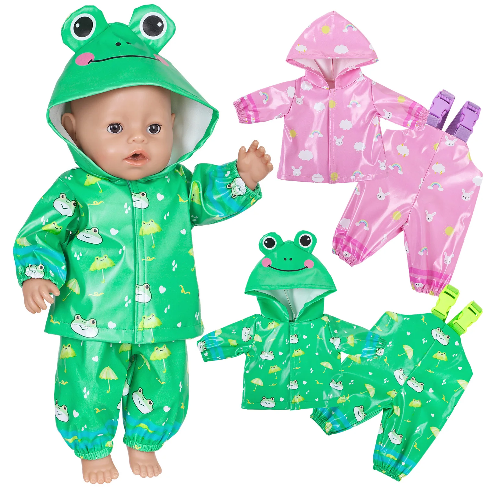 

Cute 16-18 Inch 40cm Doll Raincoat Set Frog Bunny Print Rainwear Outfit with Hooded Pants for Baby Dolls Girls Dress Up Gift