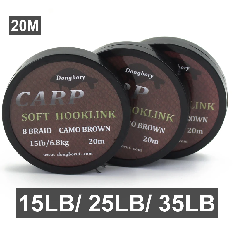 20m linha de pesca da carpa 15lb/25lb/35lb marrom macio hooklink 8 fio trançado cabelo chod helicóptero ronnie rig para equipamento de pesca da carpa