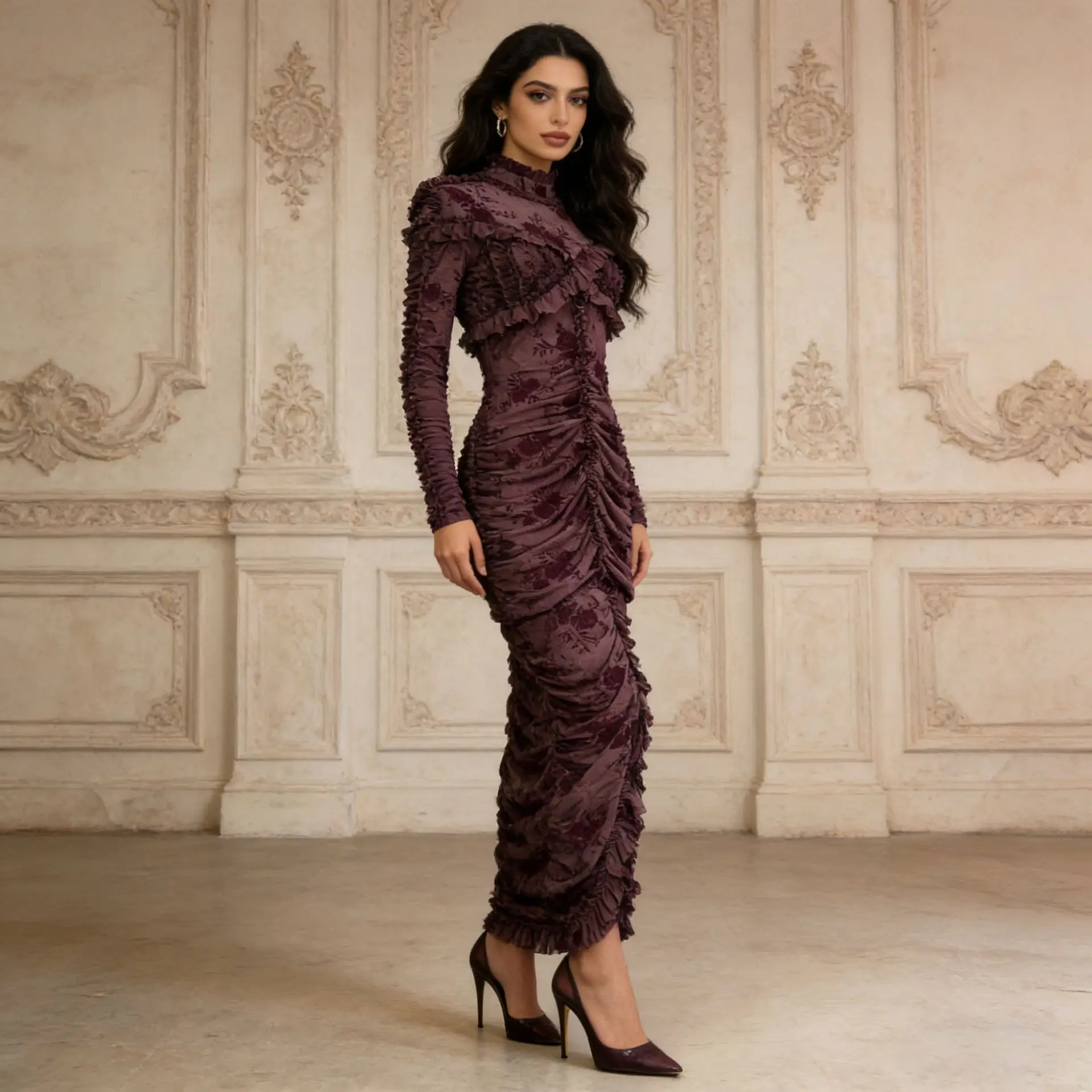Elegante grijze fluwelen jurk met bloemenprint - hoge hals, gerimpelde bodycon, asymmetrische geruite split-avondjurk