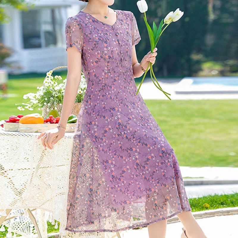 Prärie Chic fragmentiert Blumen druck Kurzarm Sommer mode Damen bekleidung Netz Garn Patchwork Knopf Midi A-Linie Kleider