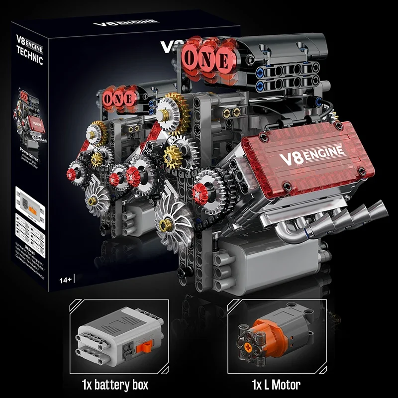 Moteur en brique V8, modèle de Simulation motorisé, blocs de construction à entraînement électrique, pièces de voiture techniques, jouets créatifs, cadeaux pour garçons et adultes