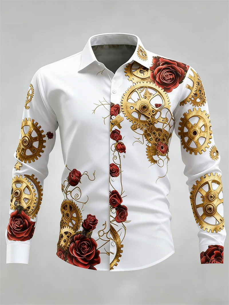 

New men's gear pattern 3D printed long sleeved shirt, high-quality shirt casual long sleeved lapel top