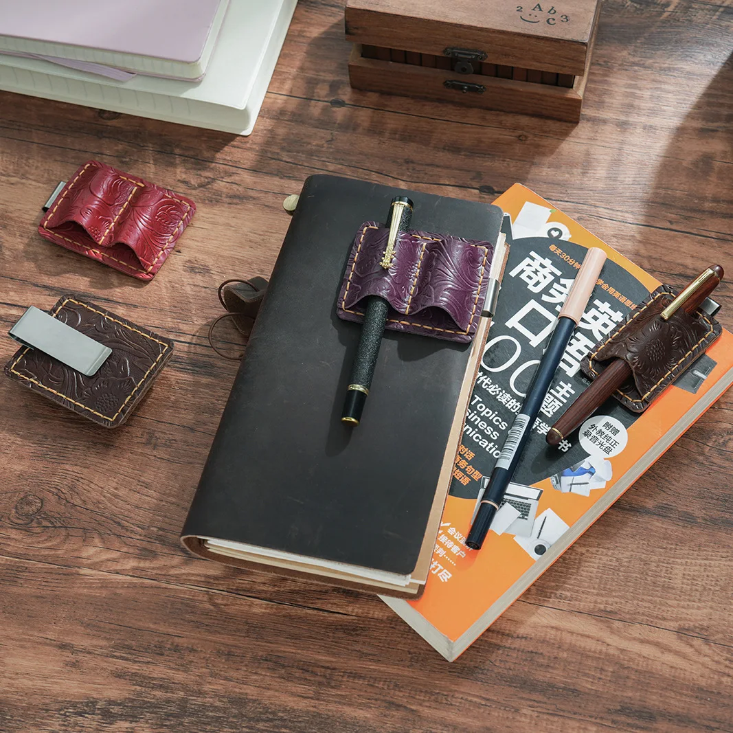 Fromthenon Carved Top Layer Cowhhide Single and Double Pen Holder Hand Stitched Traveler's Notebook Pen Holder Stainless Steel