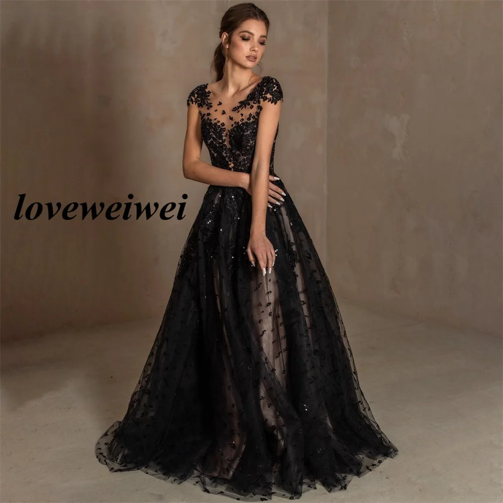 Vestido de fiesta de lentejuelas negras, manga larga, vestidos de celebridades, cuello redondo, vestido de noche, una línea, largo hasta el suelo,