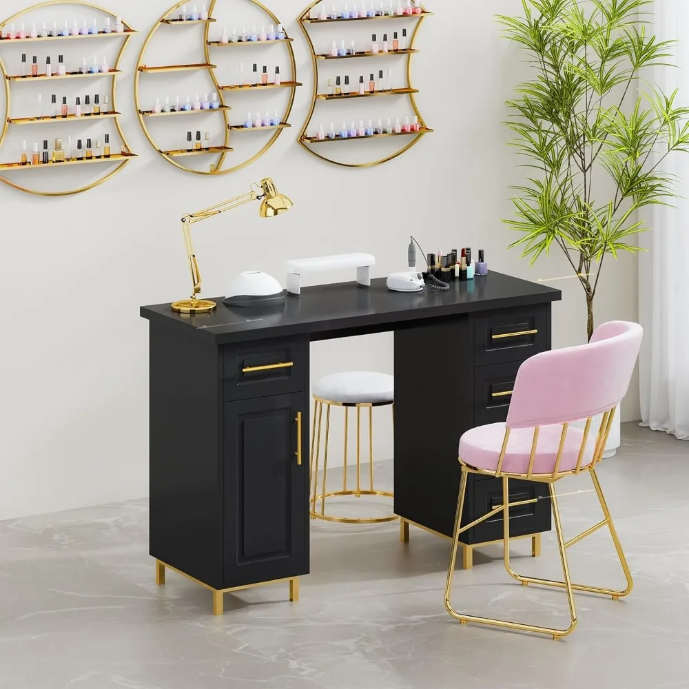 

Black and Gold Nail Tech Desk with Drawers, 43 Inch Manicure Table with Storage for Nail Tech, Nail Makeup Beauty Salon Table