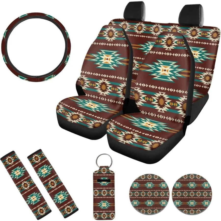 Southwest Aztec Car Seat Cover Set 10 Pieces Auto Seat Protector with Lanyards Key Chain Auto Cup Pad Car Steering Wheel Cover