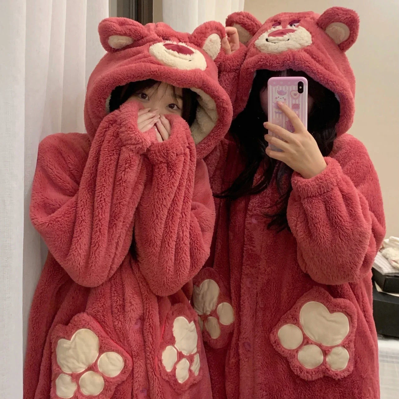 Kawaii Disney Lotso Cartoon Nightgown Coral Velvet Women Top Pajama Plush Soft Robe Hooded Cardigan Nightdress Home Clothes Warm