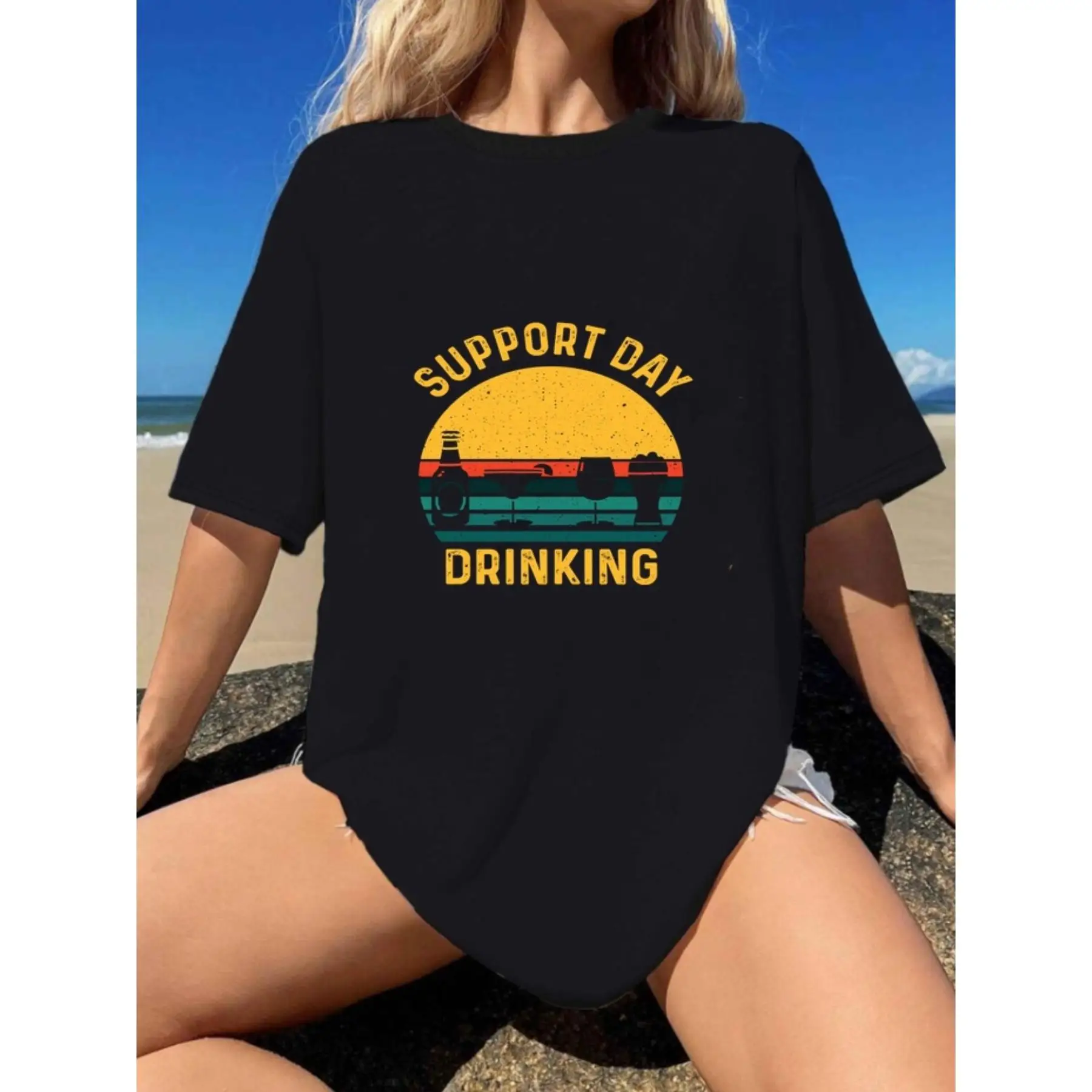 

Women's Support Day Drinking Humor Graphic T-Shirt - Soft Breathable Cotton Crew Neck Tee With Geometric Print, Regular Fit Casu